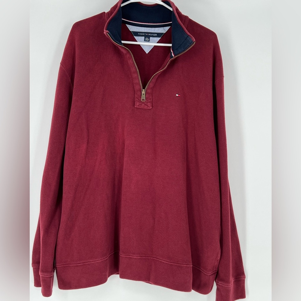 TOMMY HILFIGER CLASSIC COTTON QUARTER ZIP‎ IN BURGUNDY TRADITIONAL PREPPY STYLE